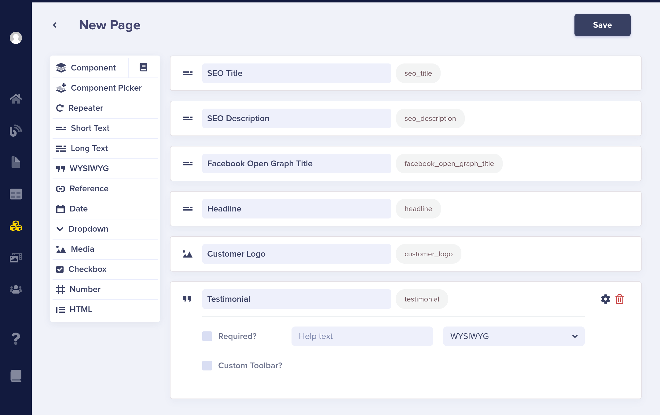 A view of the Page Configuration screen